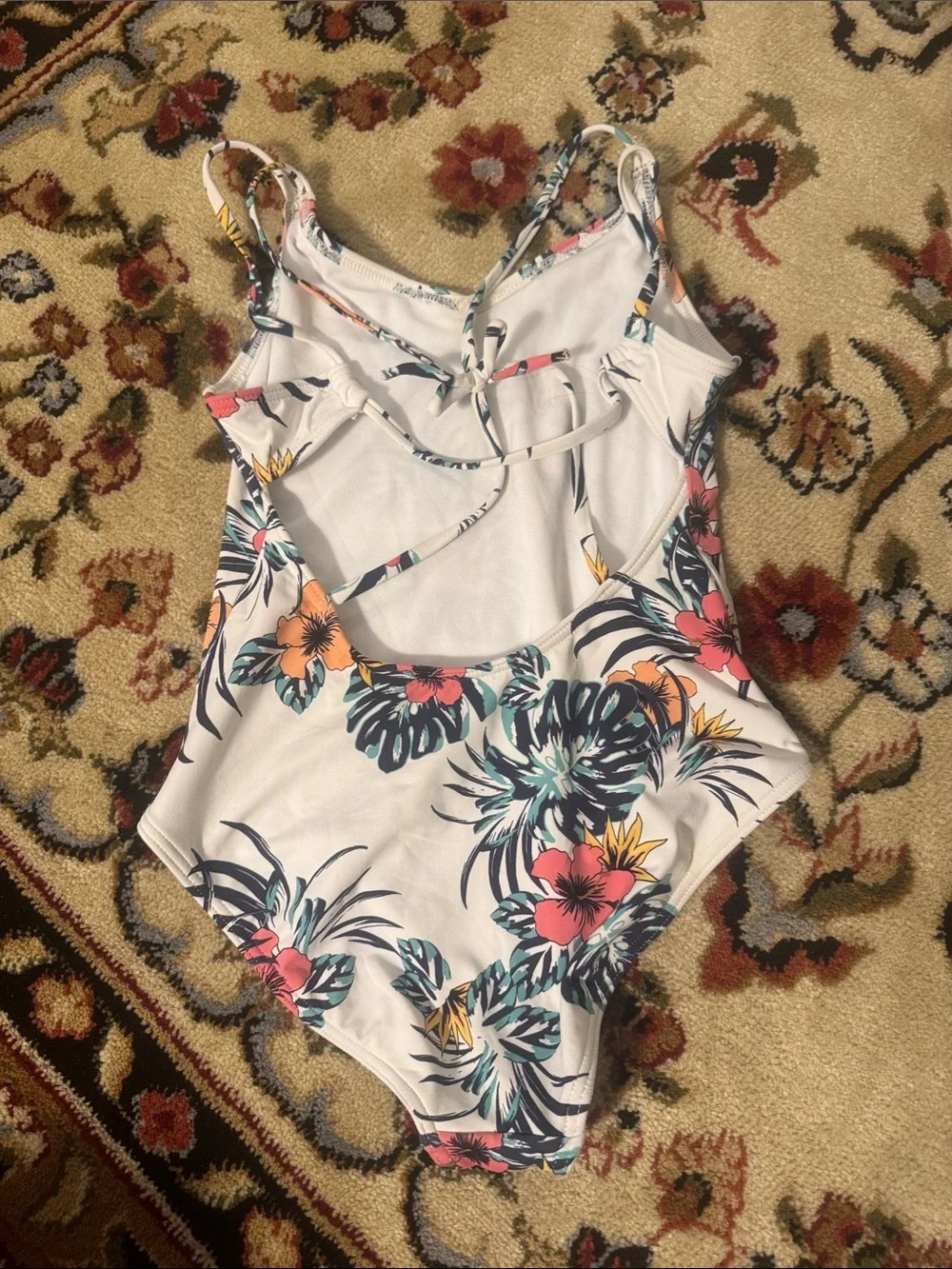 Roxy Girls White One-Piece Swimsuit with Pink Coral and Teal Floral Print